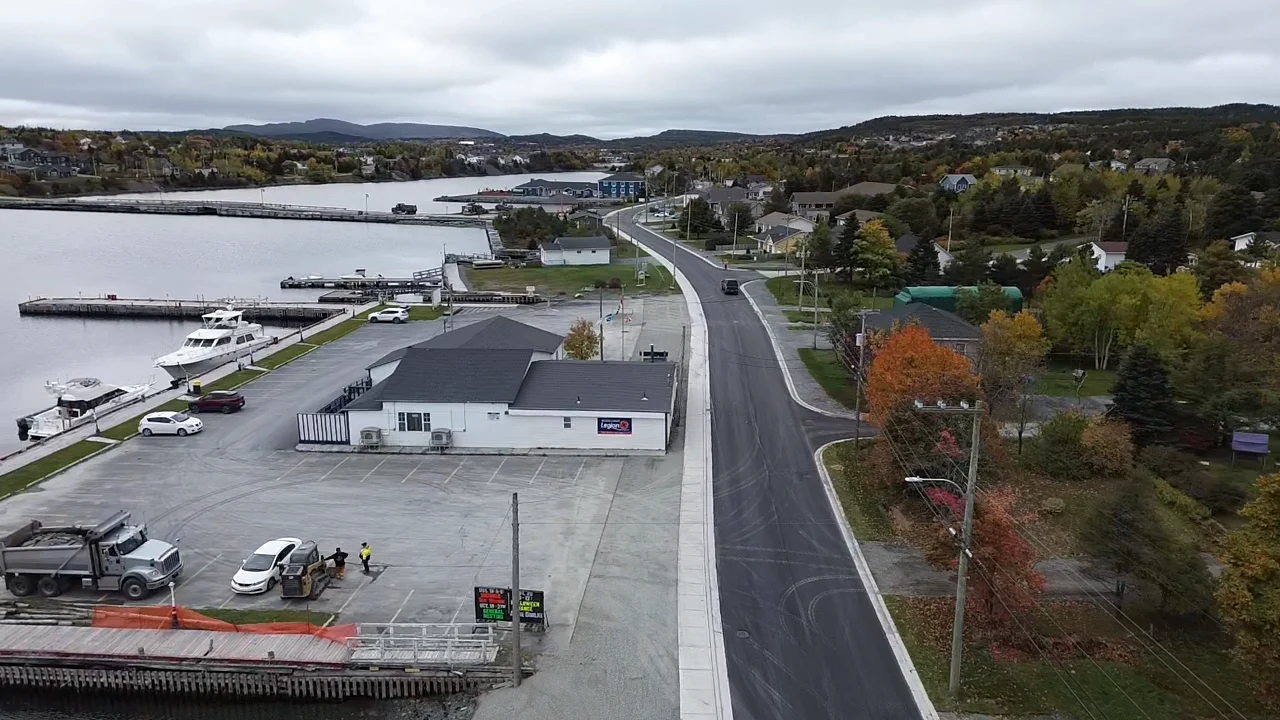Aerial view of road infrastructure along the waterfront in Bay Roberts